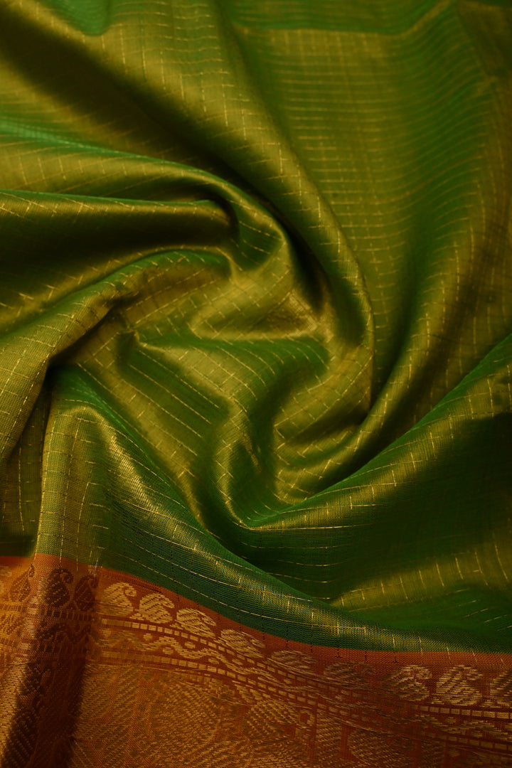 Chartreuse Dual Tone Kanchi Silk Cotton Handloom Zari Checks Saree with Muted Zari Buttas and Contrast Zari Border | SHOBITAM