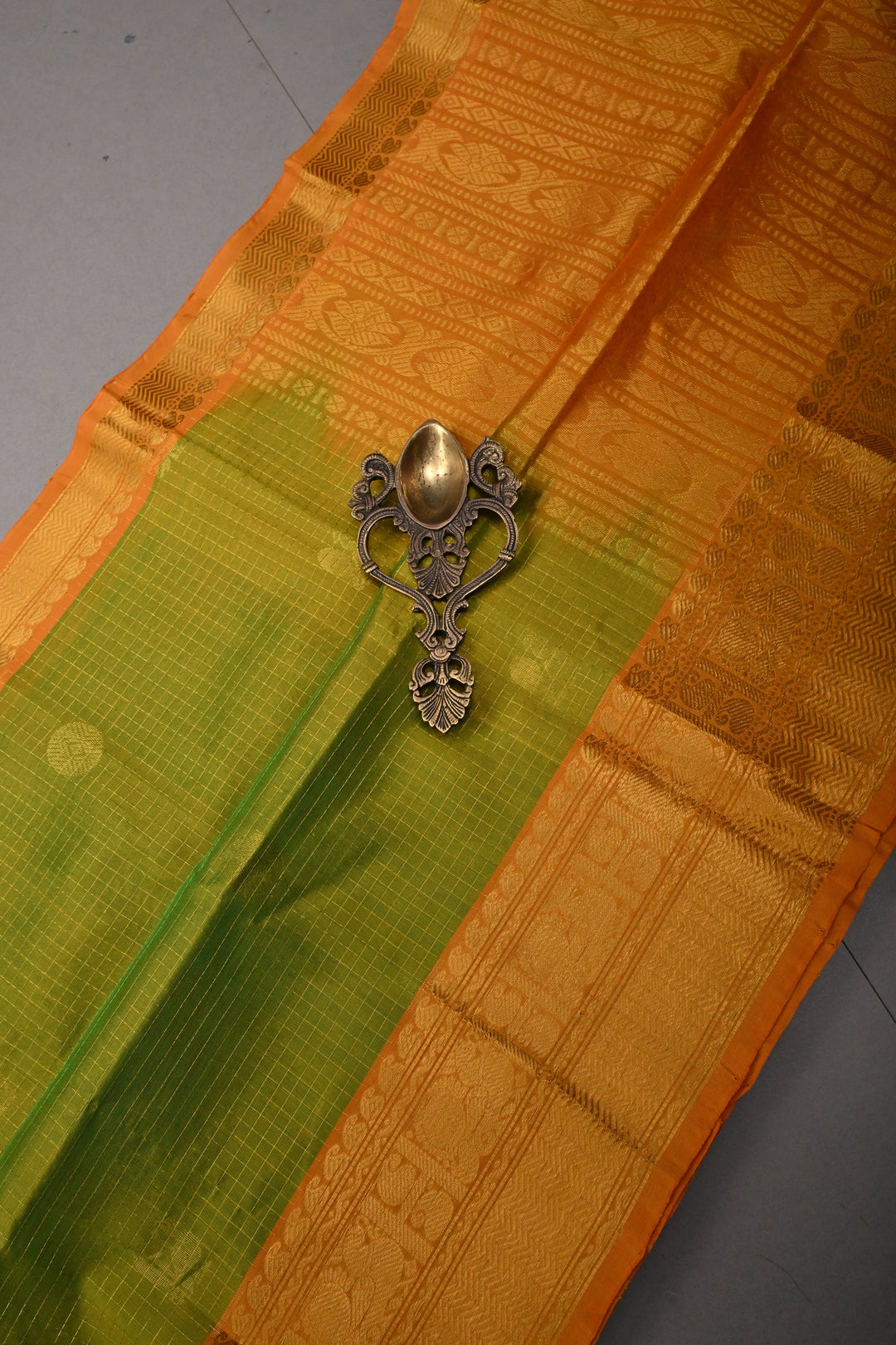Chartreuse Dual Tone Kanchi Silk Cotton Handloom Zari Checks Saree with Muted Zari Buttas and Contrast Zari Border | SHOBITAM