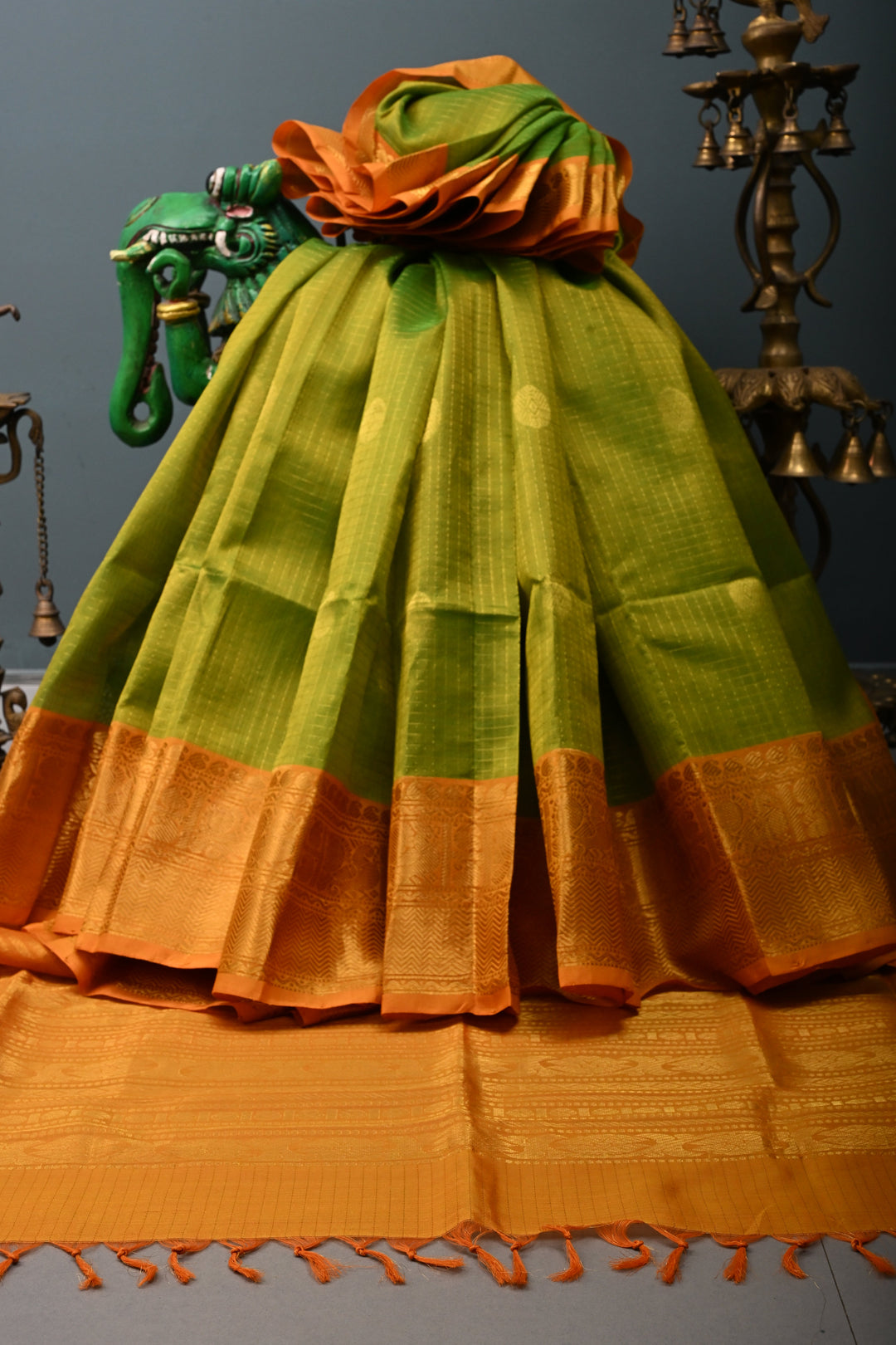 Chartreuse Dual Tone Kanchi Silk Cotton Handloom Zari Checks Saree with Muted Zari Buttas and Contrast Zari Border | SHOBITAM