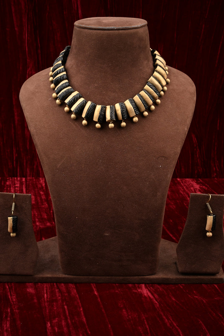 Terracotta Handmade Black And Beige Statement Jewelry Set| SHOBITAM