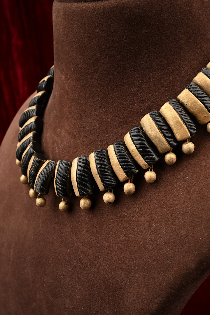 Terracotta Handmade Black And Beige Statement Jewelry Set| SHOBITAM
