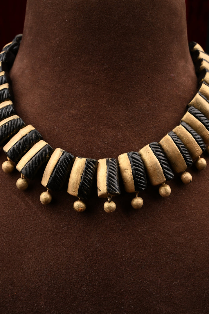 Terracotta Handmade Black And Beige Statement Jewelry Set| SHOBITAM