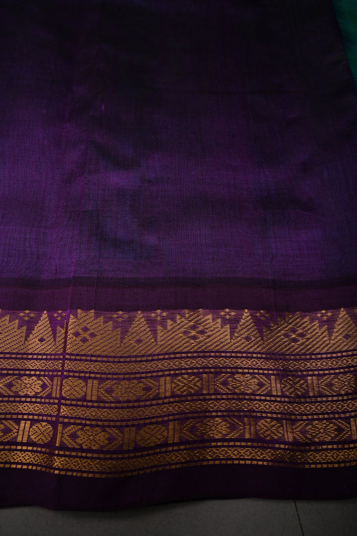 Cyan-Green Dual tone Korvai Kanchi Silk Cotton 100% Handloom Saree with Contrast Zari Border | SHOBITAM