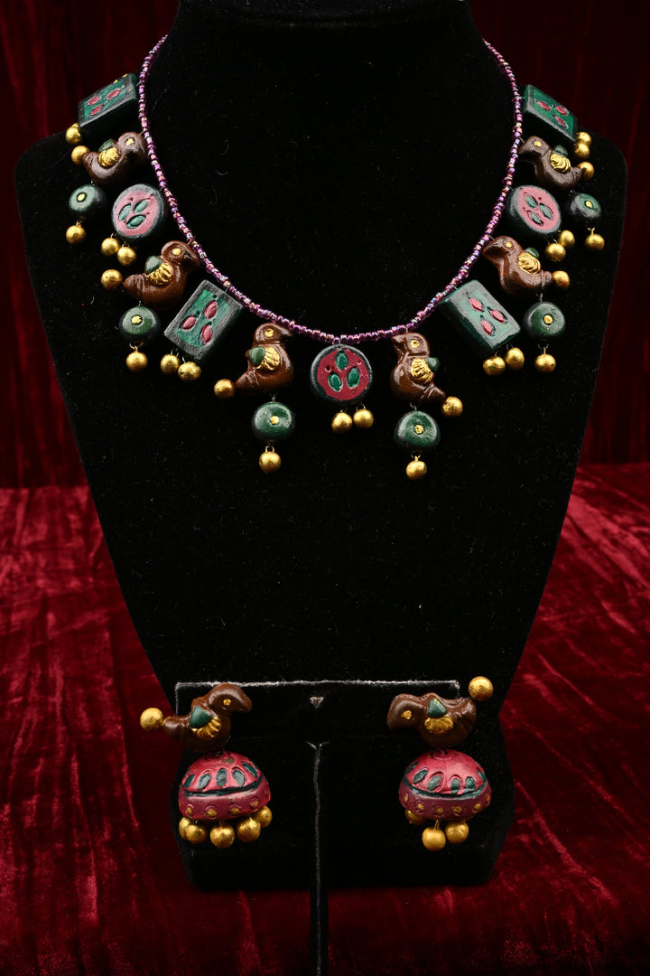 Green and Gold Traditional Handpainted Terracotta Jewelry Set  | SHOBITAM