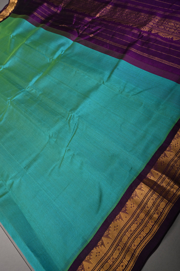 Cyan-Green Dual tone Korvai Kanchi Silk Cotton 100% Handloom Saree with Contrast Zari Border | SHOBITAM