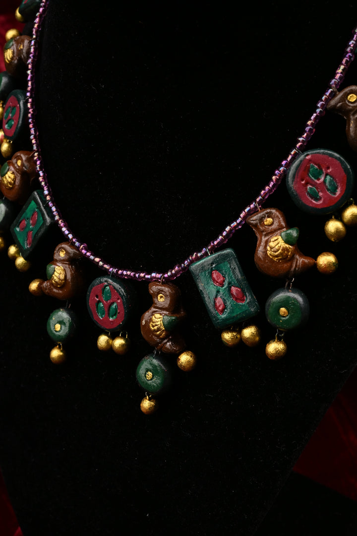 Green and Gold Traditional Handpainted Terracotta Jewelry Set  | SHOBITAM