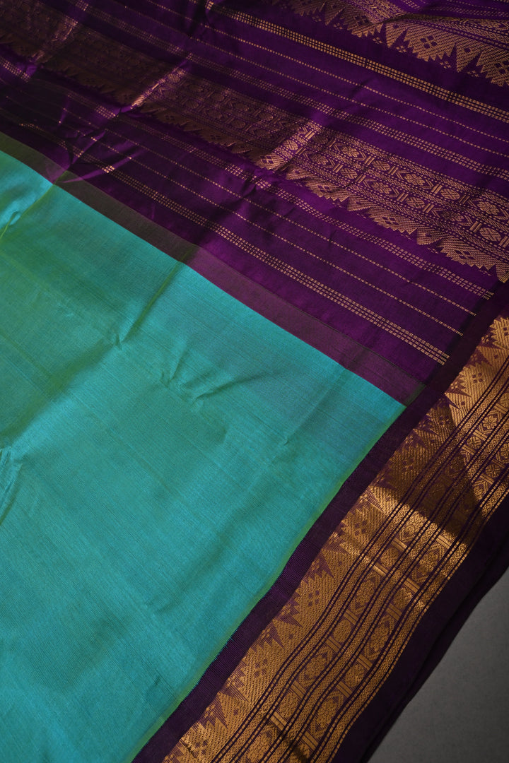 Cyan-Green Dual tone Korvai Kanchi Silk Cotton 100% Handloom Saree with Contrast Zari Border | SHOBITAM