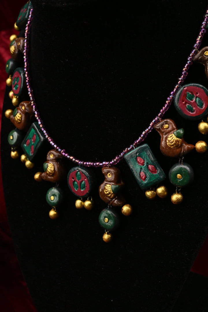 Green and Gold Traditional Handpainted Terracotta Jewelry Set  | SHOBITAM