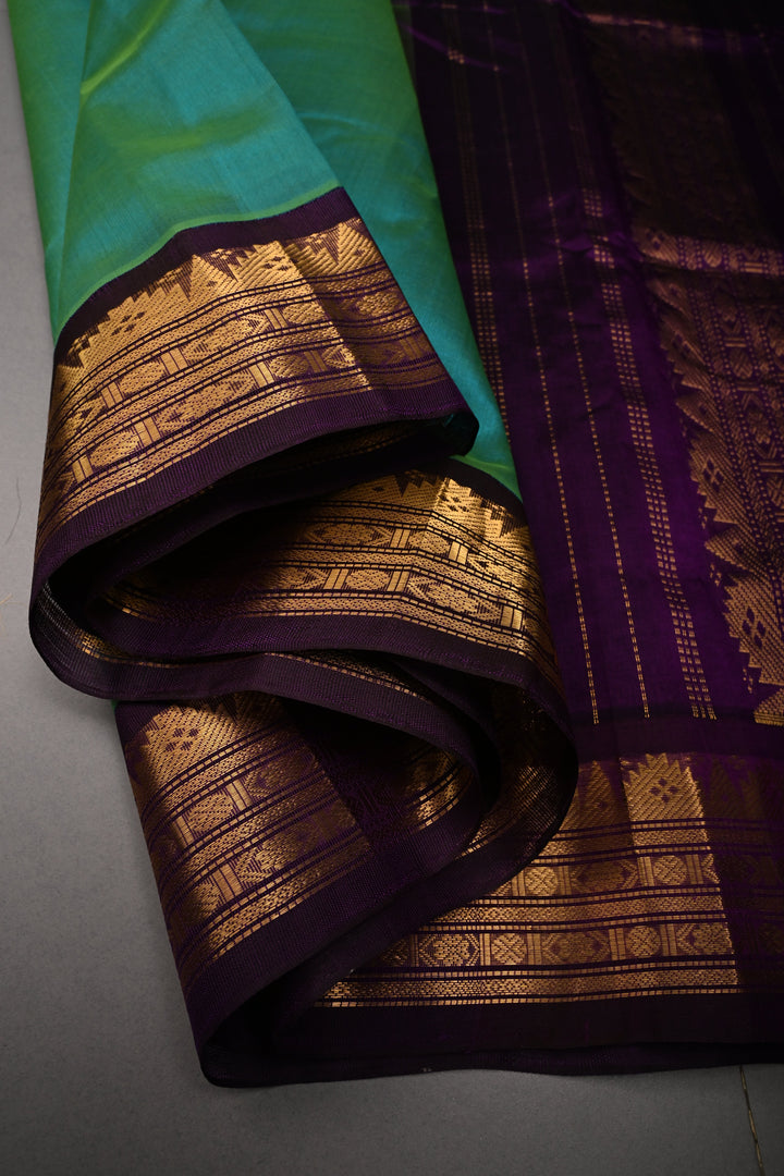 Cyan-Green Dual tone Korvai Kanchi Silk Cotton 100% Handloom Saree with Contrast Zari Border | SHOBITAM