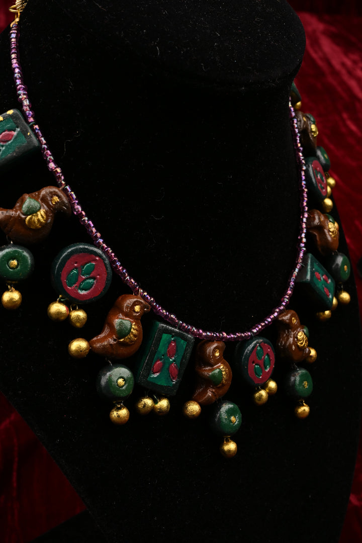 Green and Gold Traditional Handpainted Terracotta Jewelry Set  | SHOBITAM