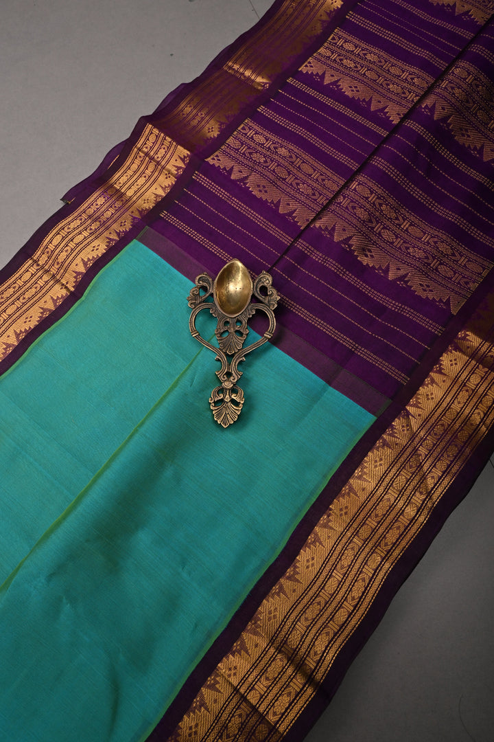 Cyan-Green Dual tone Korvai Kanchi Silk Cotton 100% Handloom Saree with Contrast Zari Border | SHOBITAM