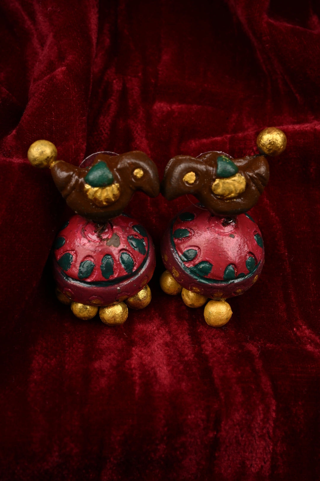 Green and Gold Traditional Handpainted Terracotta Jewelry Set  | SHOBITAM