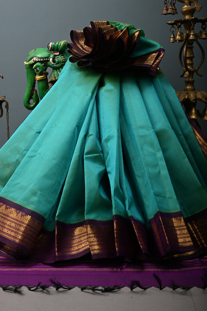 Cyan-Green Dual tone Korvai Kanchi Silk Cotton 100% Handloom Saree with Contrast Zari Border | SHOBITAM