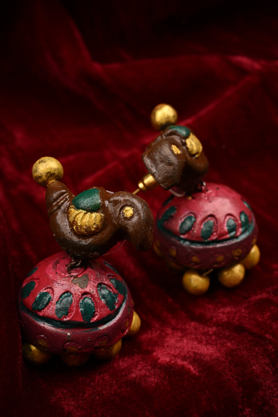 Green and Gold Traditional Handpainted Terracotta Jewelry Set  | SHOBITAM