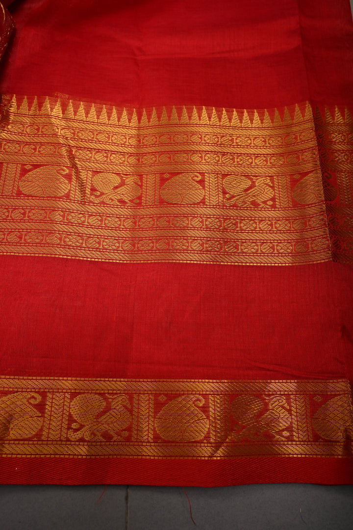 Off White Kanchi Silk Cotton 100% Handloom Saree with Birds Zari Buttas and Wide Zari Border | SHOBITAM