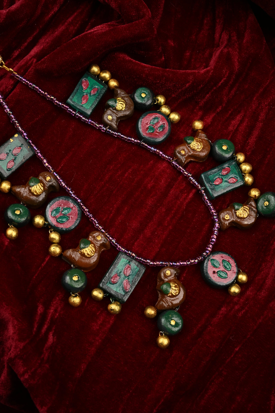 Green and Gold Traditional Handpainted Terracotta Jewelry Set  | SHOBITAM
