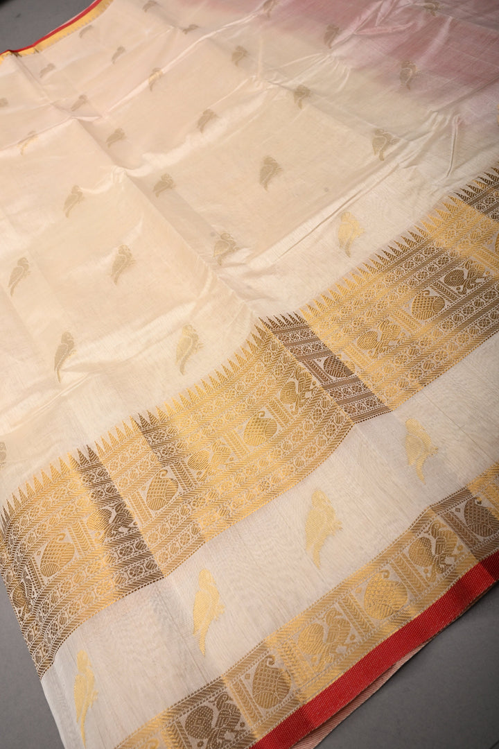 Off White Kanchi Silk Cotton 100% Handloom Saree with Birds Zari Buttas and Wide Zari Border | SHOBITAM