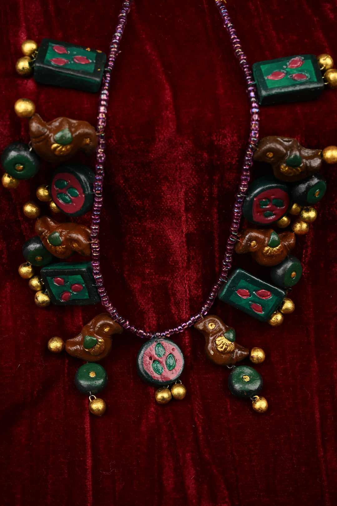Green and Gold Traditional Handpainted Terracotta Jewelry Set  | SHOBITAM