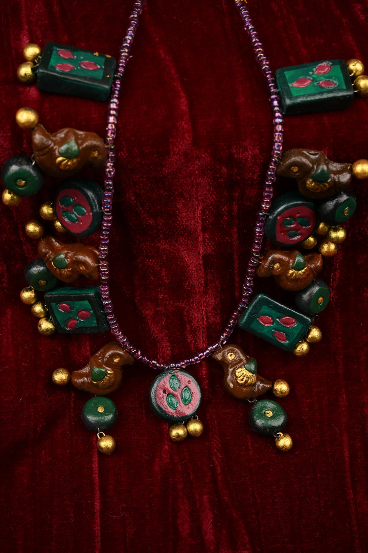 Green and Gold Traditional Handpainted Terracotta Jewelry Set  | SHOBITAM