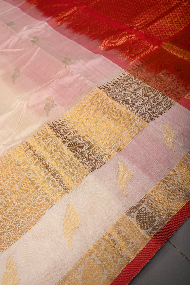 Off White Kanchi Silk Cotton 100% Handloom Saree with Birds Zari Buttas and Wide Zari Border | SHOBITAM