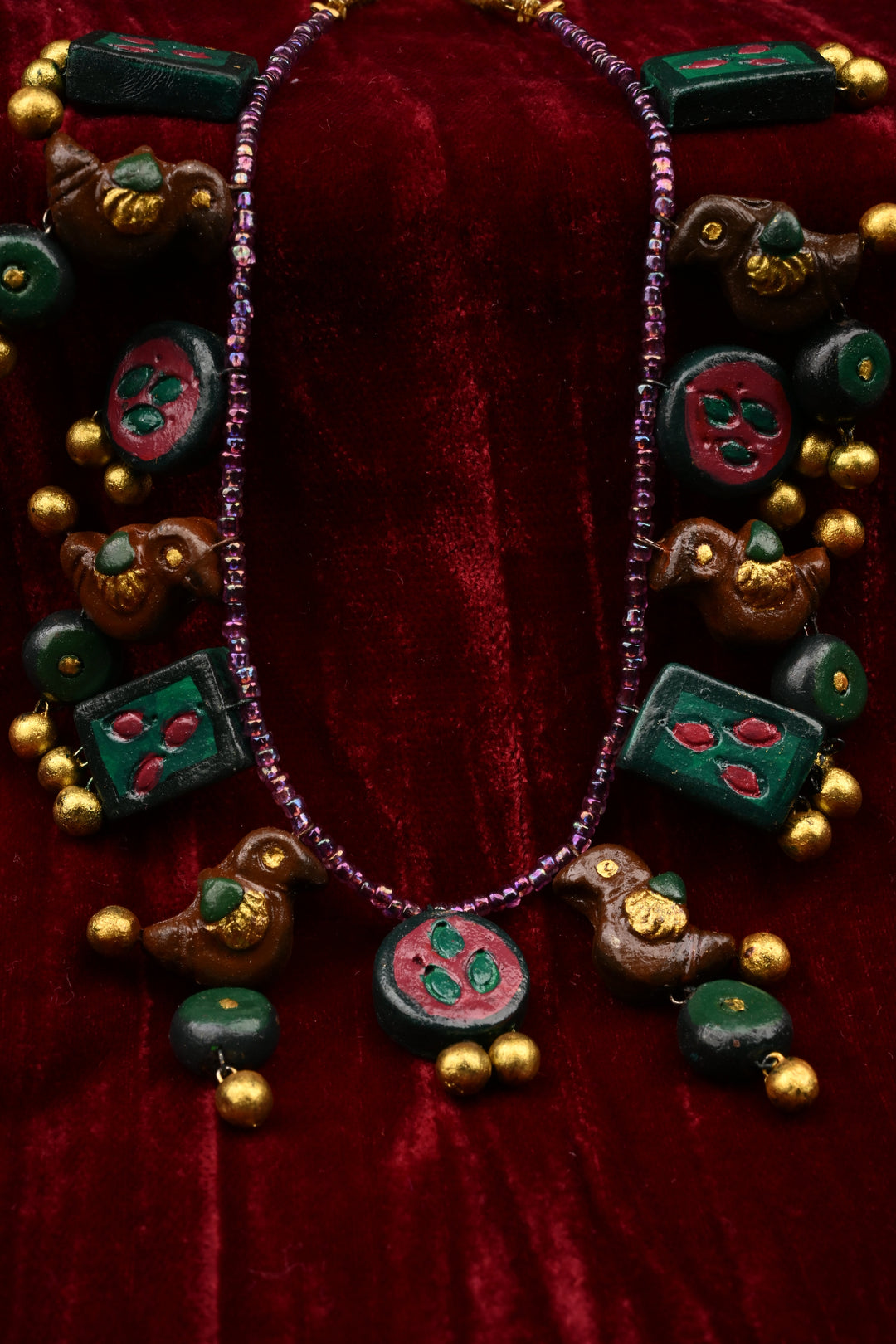 Green and Gold Traditional Handpainted Terracotta Jewelry Set  | SHOBITAM