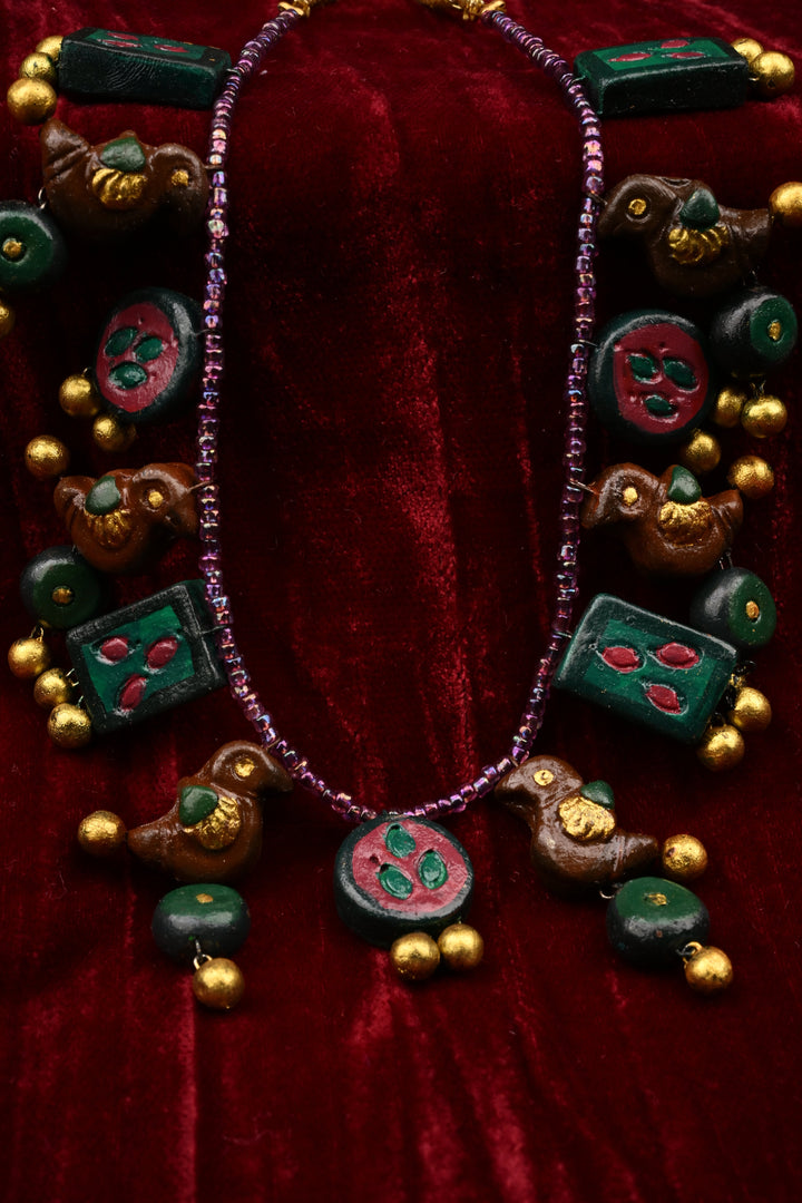 Green and Gold Traditional Handpainted Terracotta Jewelry Set  | SHOBITAM