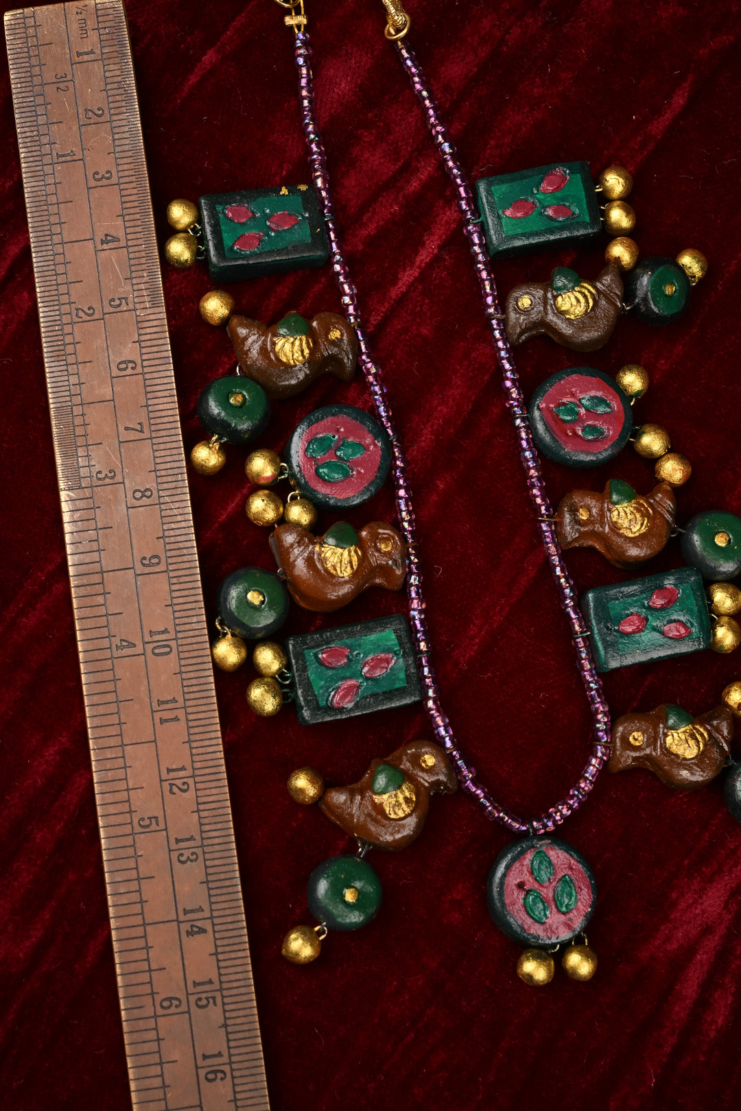 Green and Gold Traditional Handpainted Terracotta Jewelry Set  | SHOBITAM