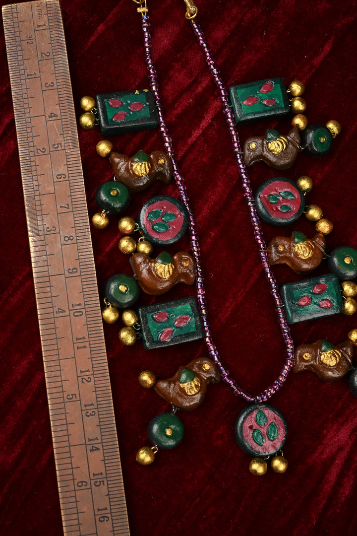 Green and Gold Traditional Handpainted Terracotta Jewelry Set  | SHOBITAM