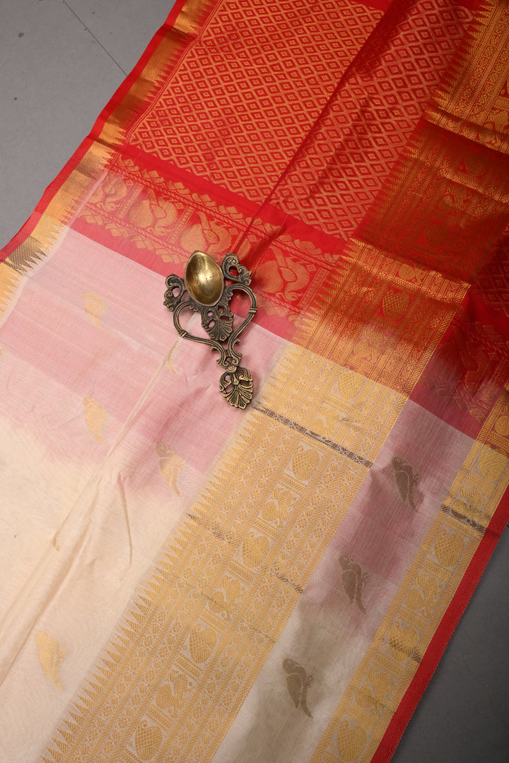 Off White Kanchi Silk Cotton 100% Handloom Saree with Birds Zari Buttas and Wide Zari Border | SHOBITAM
