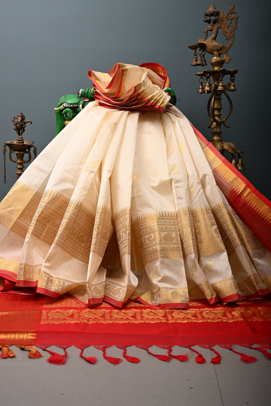 Off White Kanchi Silk Cotton 100% Handloom Saree with Birds Zari Buttas and Wide Zari Border | SHOBITAM