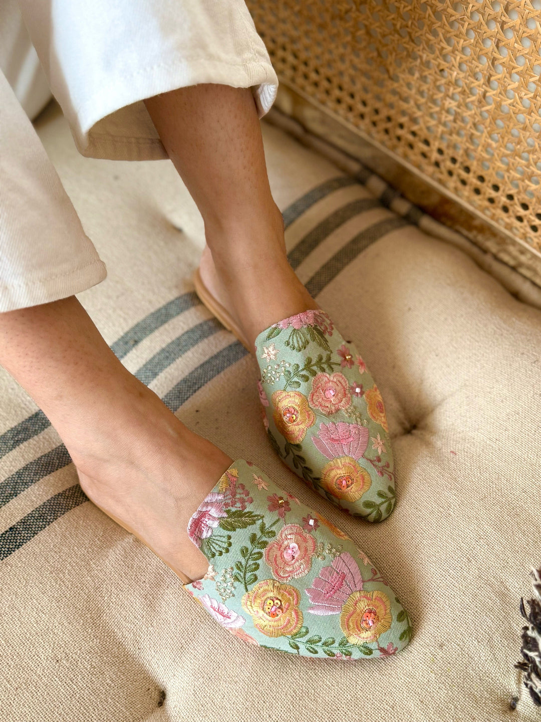 BLOOM AND BEYOND Green Jutties With Embroidery and Bead Work