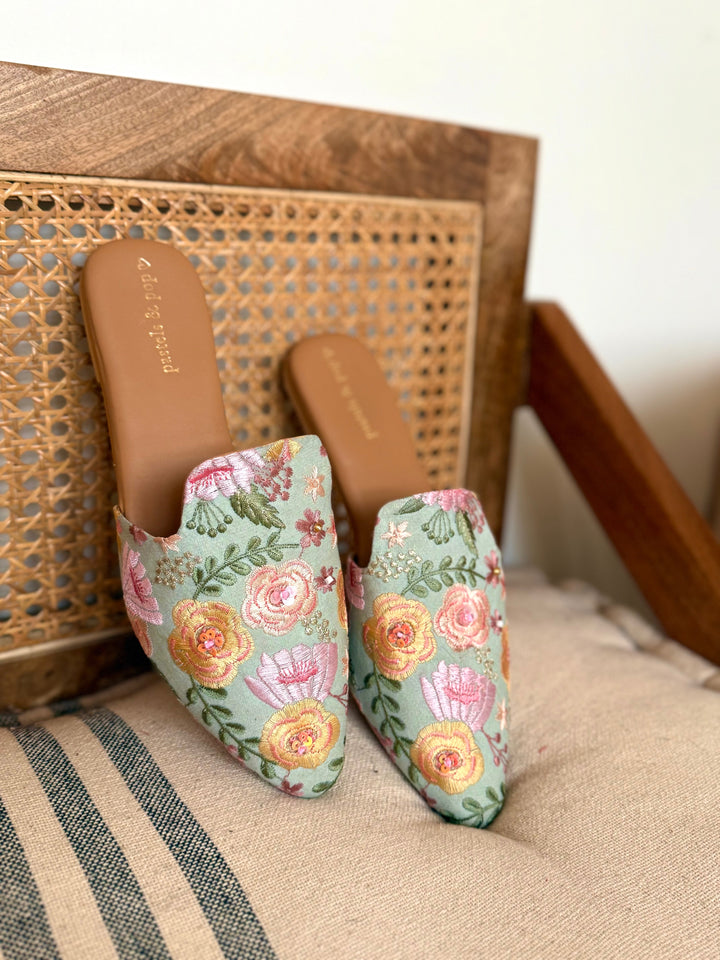 BLOOM AND BEYOND Green Jutties With Embroidery and Bead Work