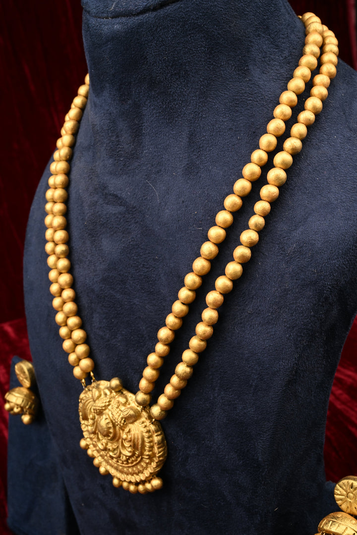 Terracotta Traditional Gold Temple Necklace | Long Ethnic Pendant Haram Jewelry| SHOBITAM