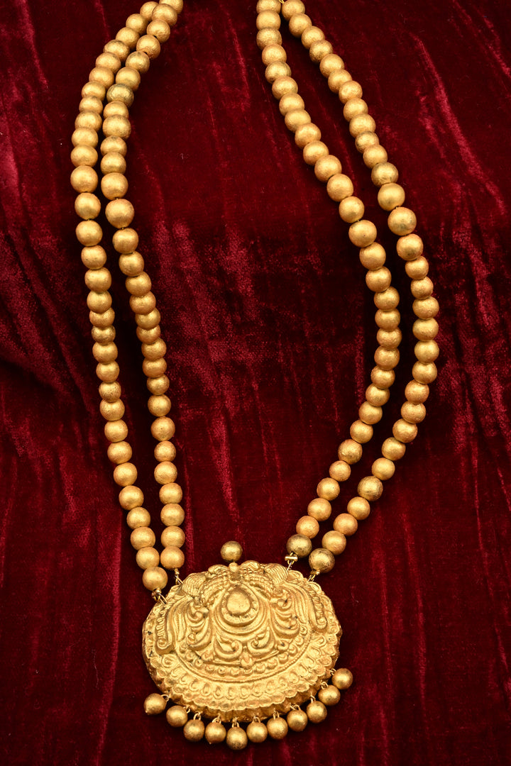 Terracotta Traditional Gold Temple Necklace | Long Ethnic Pendant Haram Jewelry| SHOBITAM