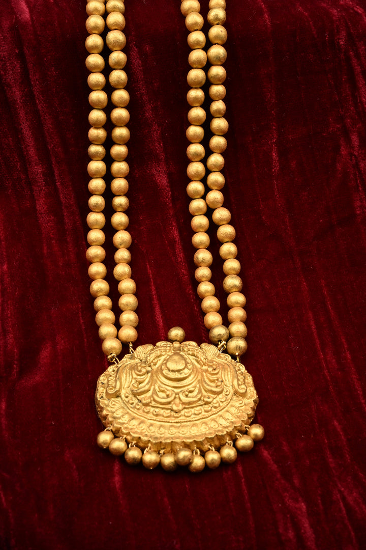 Terracotta Traditional Gold Temple Necklace | Long Ethnic Pendant Haram Jewelry| SHOBITAM