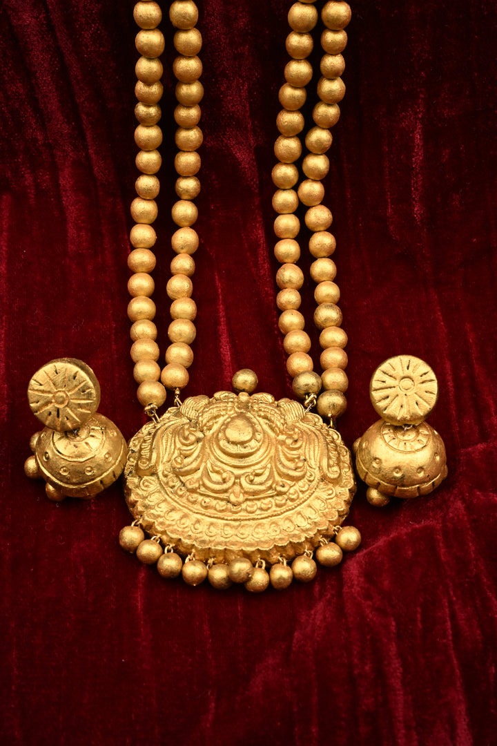 Terracotta Traditional Gold Temple Necklace | Long Ethnic Pendant Haram Jewelry| SHOBITAM