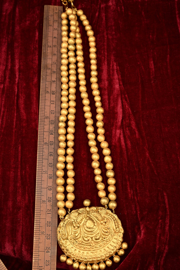 Terracotta Traditional Gold Temple Necklace | Long Ethnic Pendant Haram Jewelry| SHOBITAM