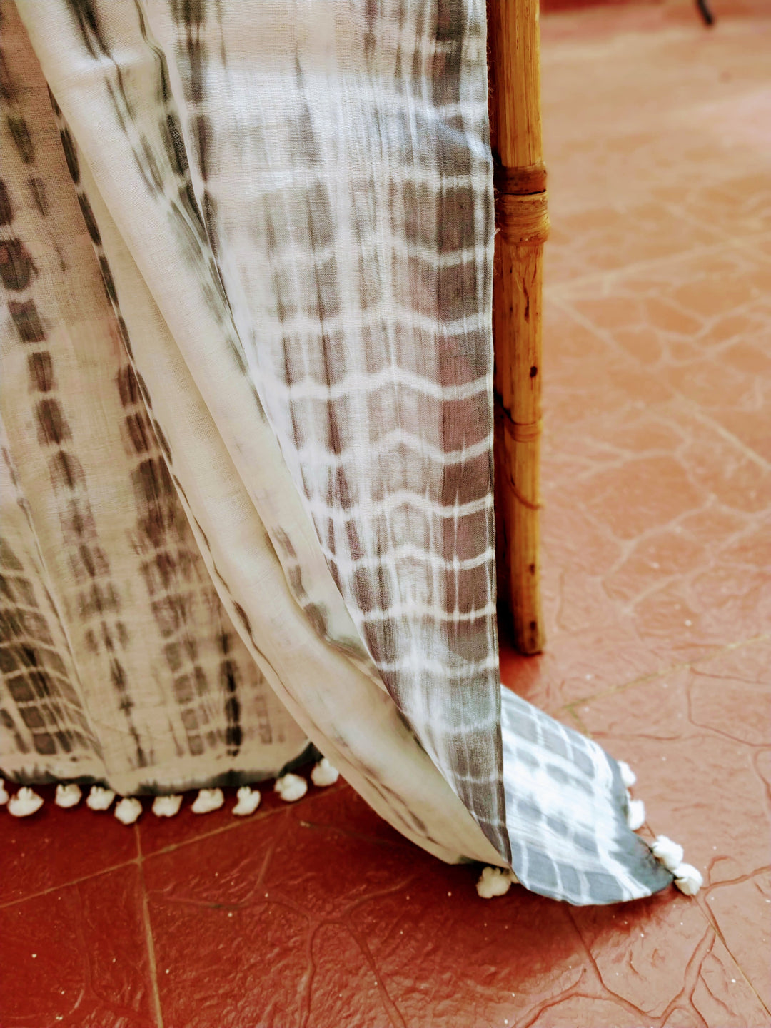 Ivory Grey Shibori Cotton Silk Stole | SHOBITAM