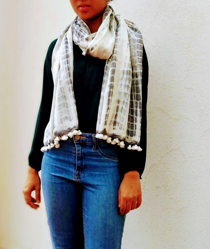 Ivory Grey Shibori Cotton Silk Stole | SHOBITAM