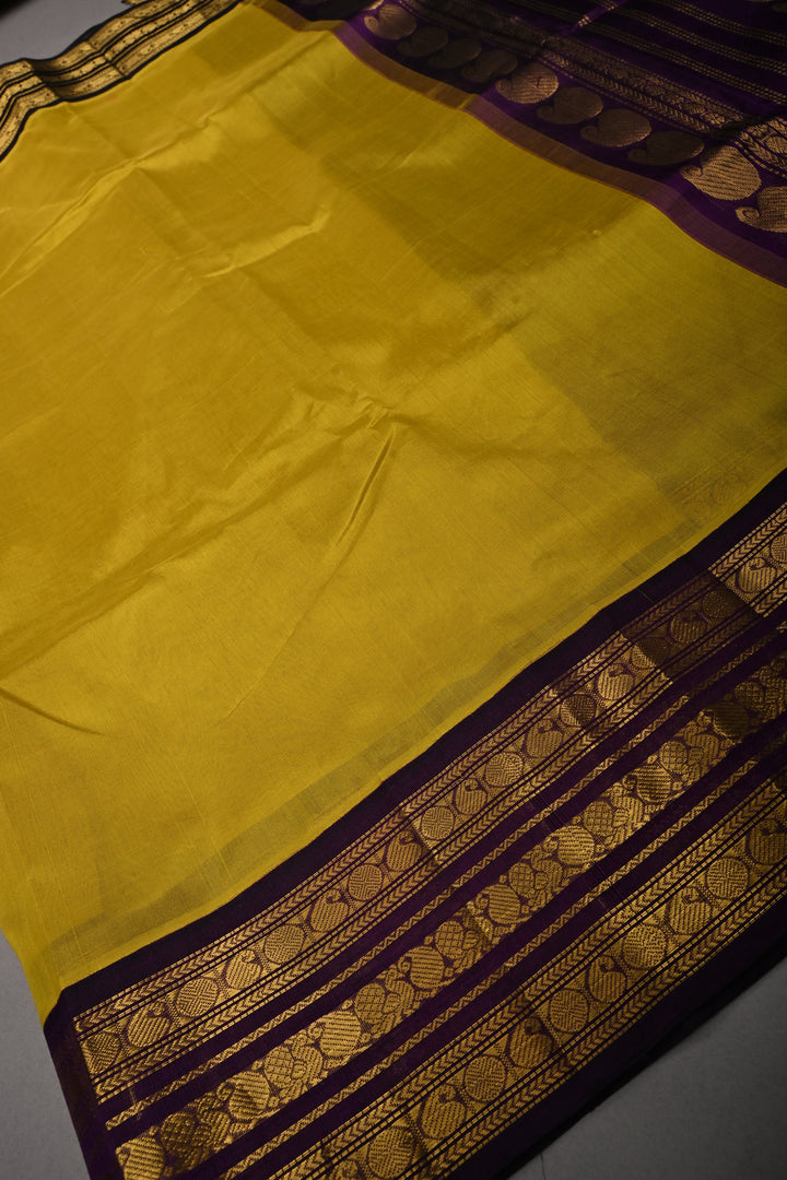 Moss Green Kanchi Silk Cotton 100% Handloom Saree with Contrast Zari Border | SHOBITAM