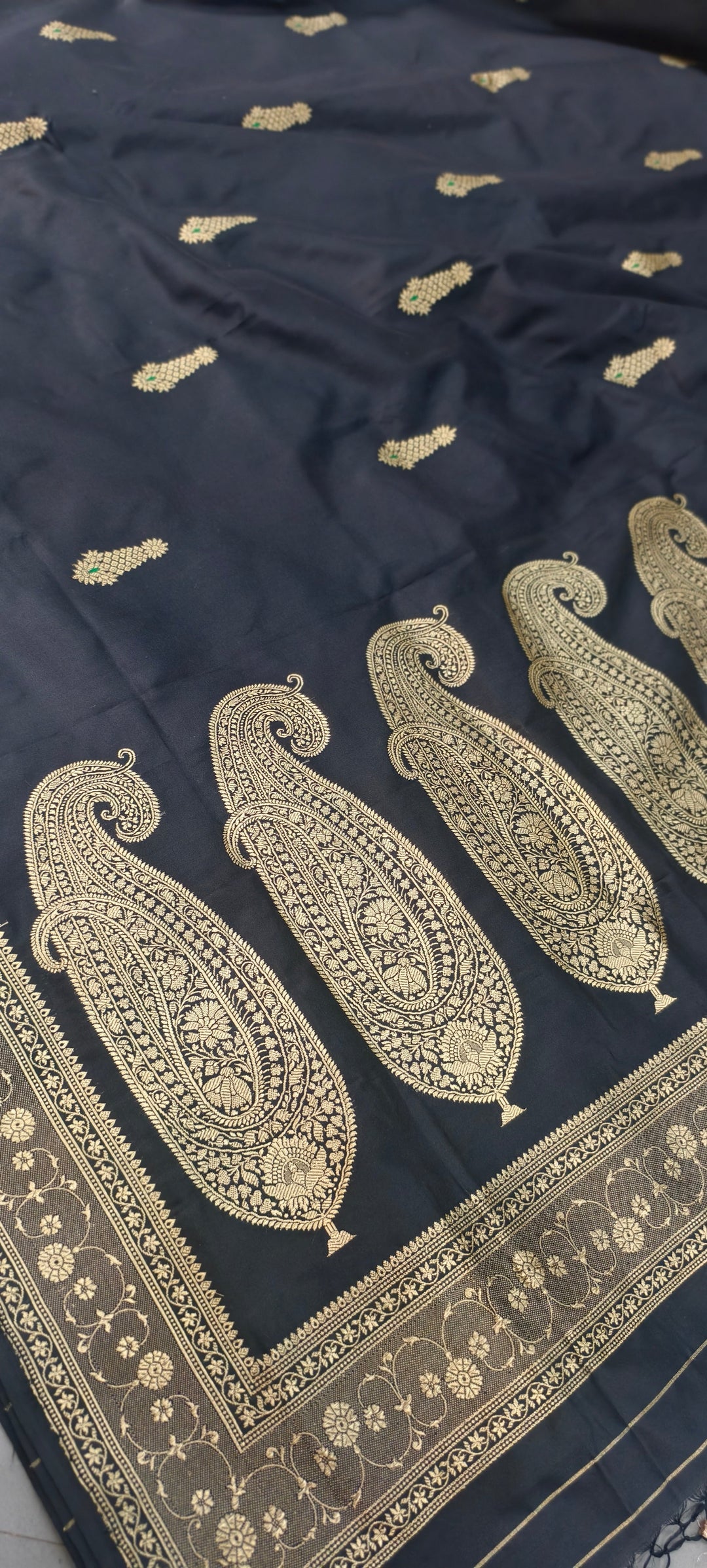 Black Banarasi Katan Silk Saree with Meenakari Zari Buttas and Minimal Zari Border | SILK MARK CERTIFIED | SHOBITAM