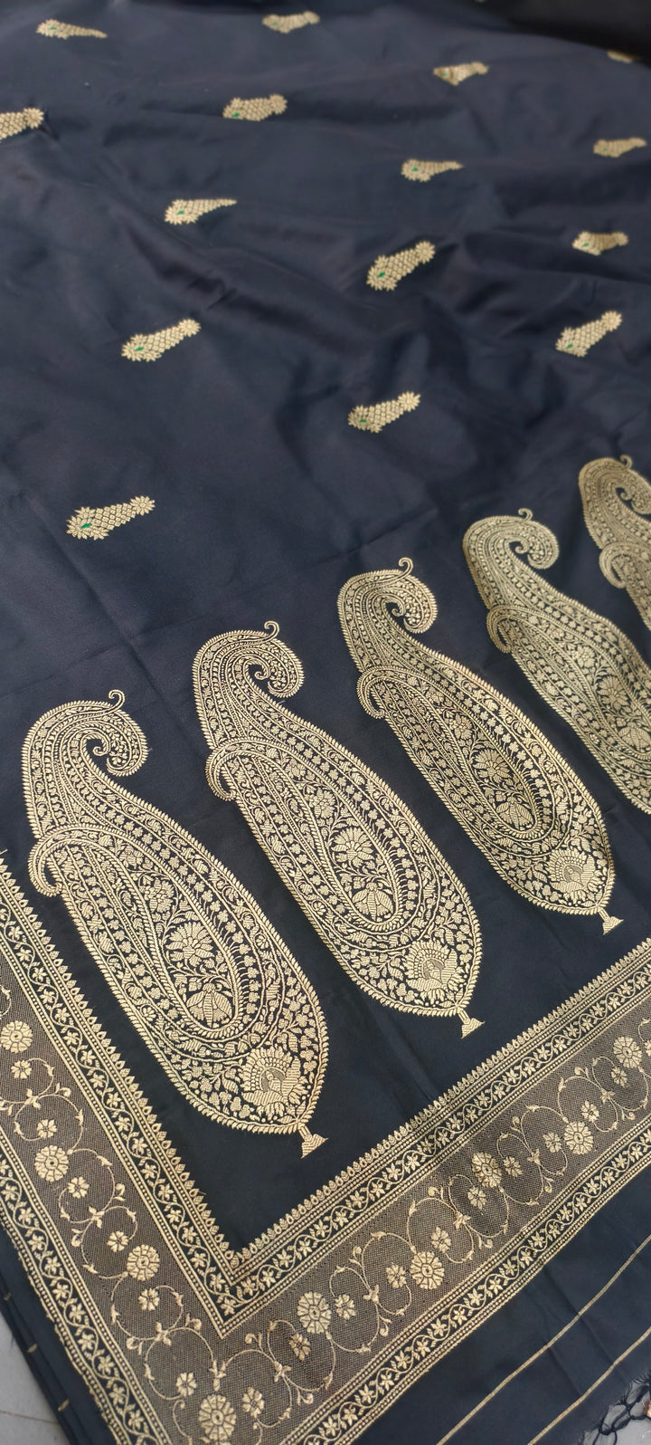 Black Banarasi Katan Silk Saree with Meenakari Zari Buttas and Minimal Zari Border | SILK MARK CERTIFIED | SHOBITAM