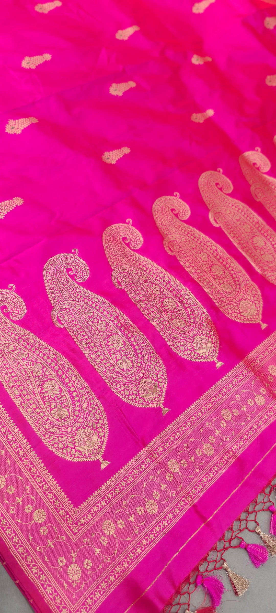Hot Pink Dual tone Banarasi Katan Silk Saree with Meenakari Zari Buttas and Minimal Zari Border | SILK MARK CERTIFIED | SHOBITAM