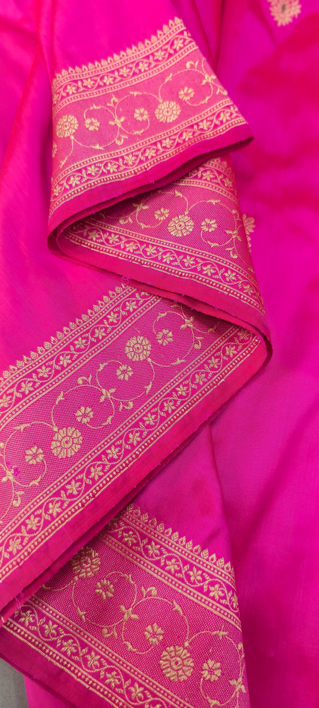 Hot Pink Dual tone Banarasi Katan Silk Saree with Meenakari Zari Buttas and Minimal Zari Border | SILK MARK CERTIFIED | SHOBITAM