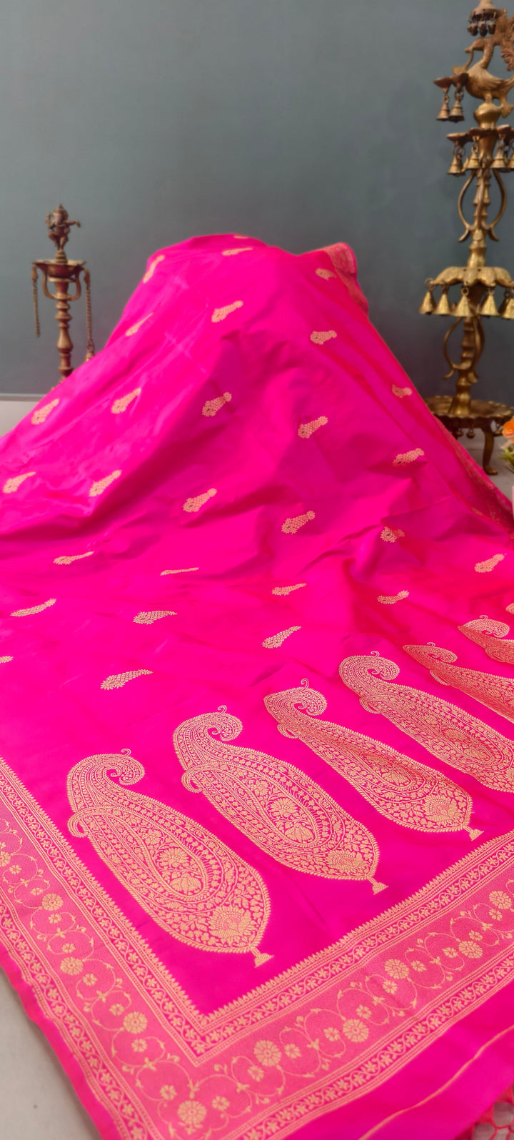Hot Pink Dual tone Banarasi Katan Silk Saree with Meenakari Zari Buttas and Minimal Zari Border | SILK MARK CERTIFIED | SHOBITAM