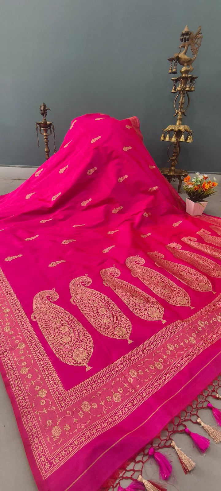 Hot Pink Dual tone Banarasi Katan Silk Saree with Meenakari Zari Buttas and Minimal Zari Border | SILK MARK CERTIFIED | SHOBITAM