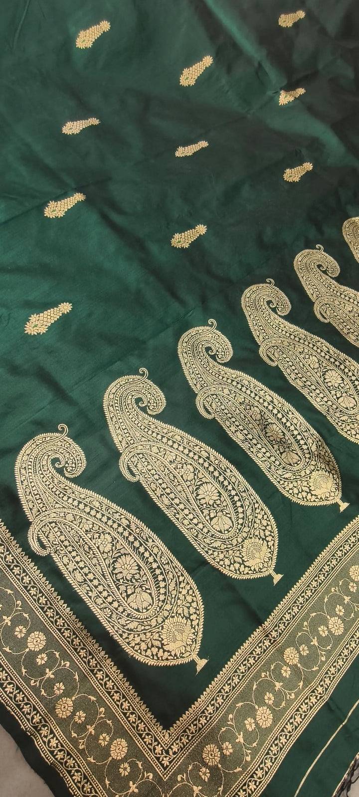 Deep Green Dual tone Banarasi Katan Silk Saree with Meenakari Floral Zari Buttas and Minimal Zari Border | SILK MARK CERTIFIED | Shobitam