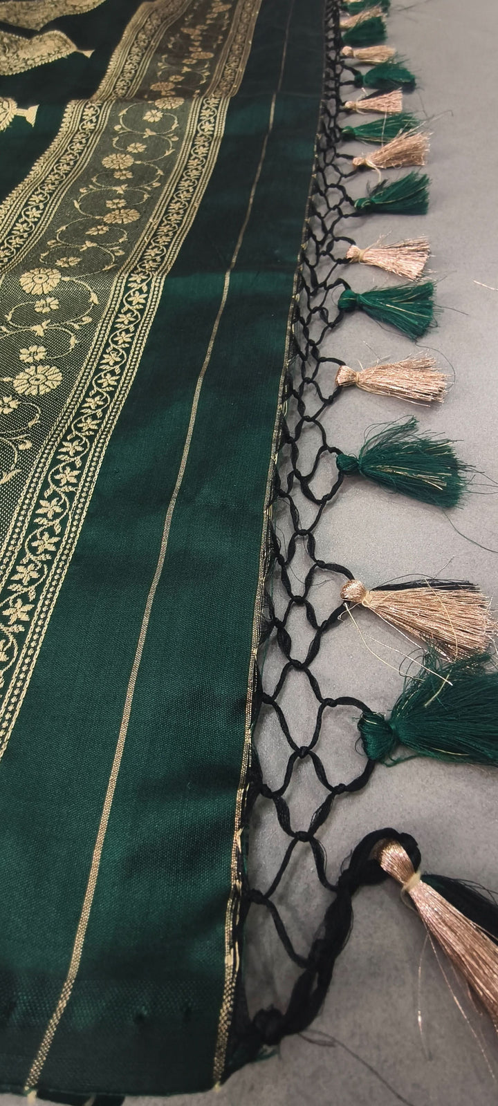 Deep Green Dual tone Banarasi Katan Silk Saree with Meenakari Floral Zari Buttas and Minimal Zari Border | SILK MARK CERTIFIED | Shobitam