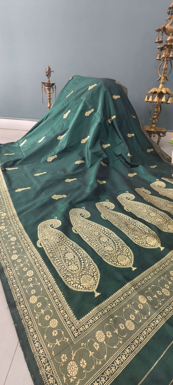 Deep Green Dual tone Banarasi Katan Silk Saree with Meenakari Floral Zari Buttas and Minimal Zari Border | SILK MARK CERTIFIED | Shobitam
