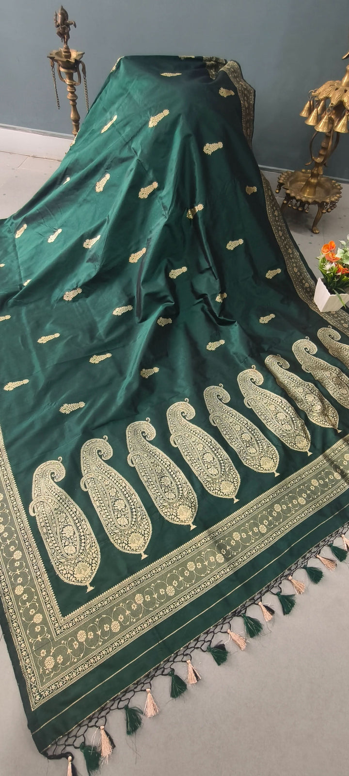 Deep Green Dual tone Banarasi Katan Silk Saree with Meenakari Floral Zari Buttas and Minimal Zari Border | SILK MARK CERTIFIED | Shobitam